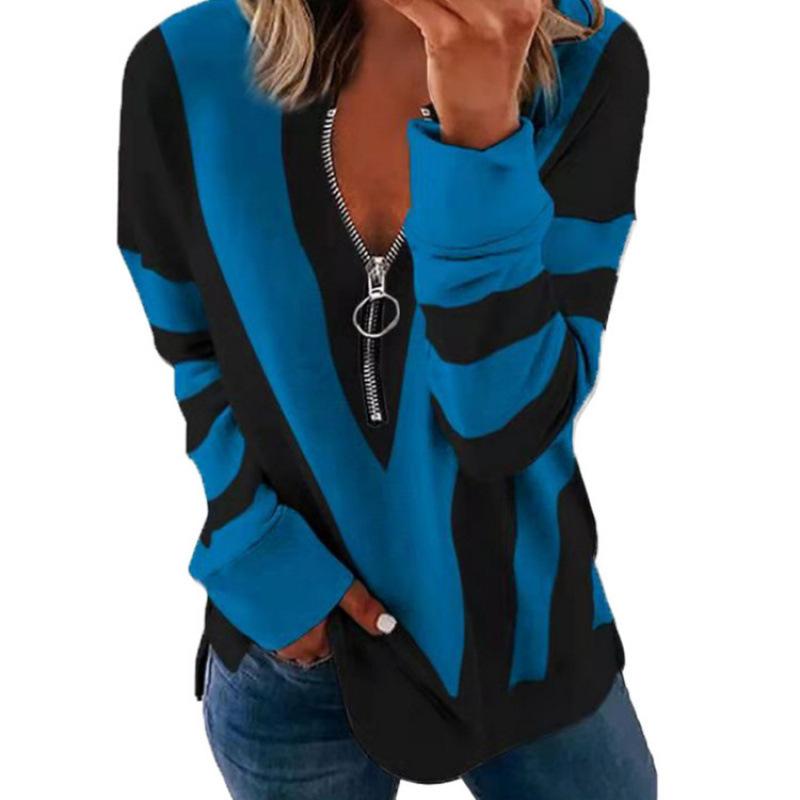 Women's Color Block Half Zip Long Sleeve Top Casual Printed V Neck Sweatshirt