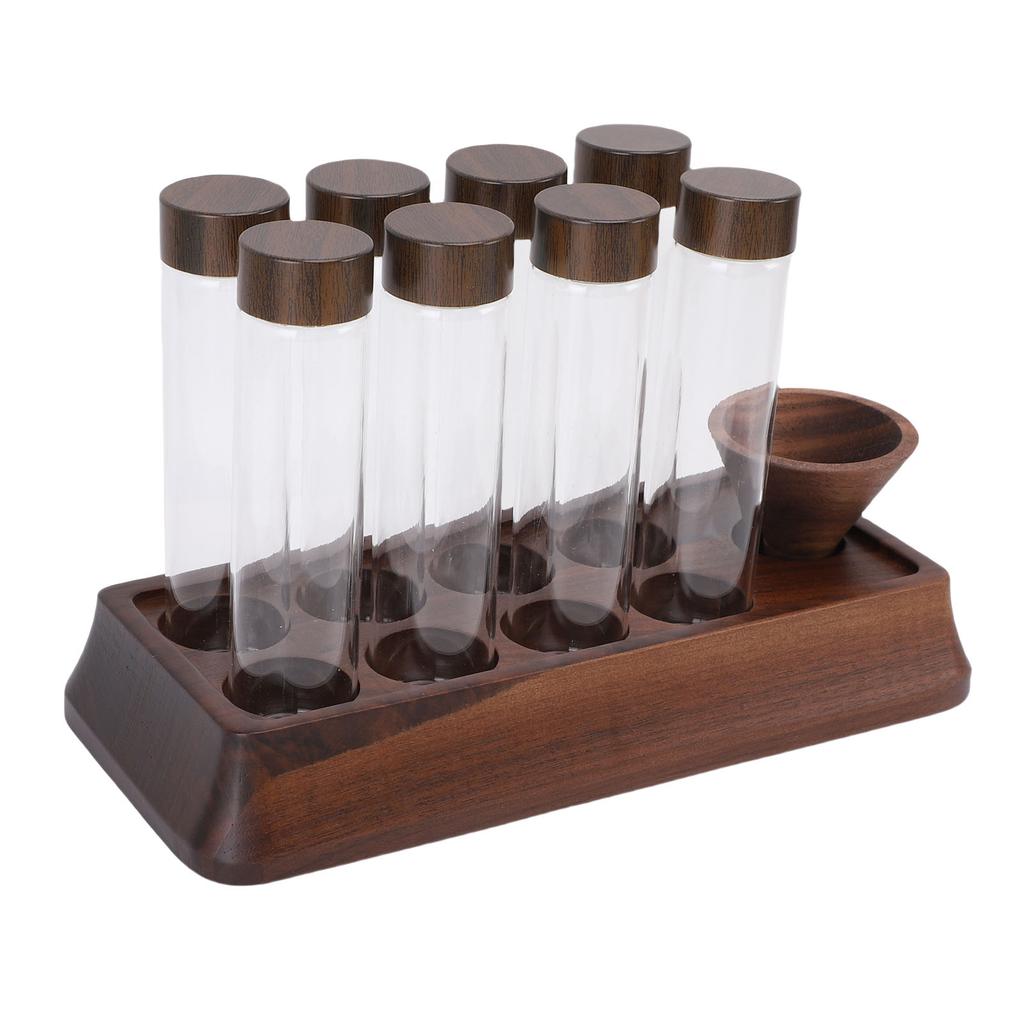 Kaffeebohnen Aufbewahrungsröhrchen mit Walnuss Holzständer Luftdicht 8 Stück Röhrchen Glas Dosier Kaffeebohnen Keller für Zuhause Geschäft Bar