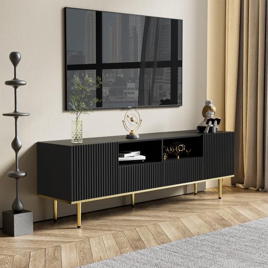 TV-Möbel Schrank Geräumige Arbeitsplatte mit 2 Türen Fächern Schubladen Goldene Unterhaltungsmöbel Füße Mid-Century Modern Stand Wohn