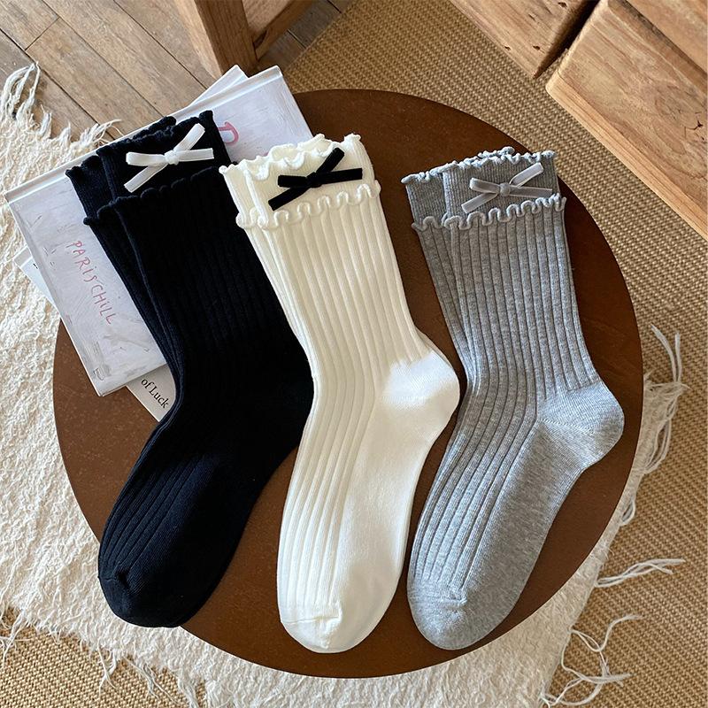 Female Spring and Autumn Pure Color Sweet Velvet Bow Double Wood Ear Edge In The Tube Pile Socks