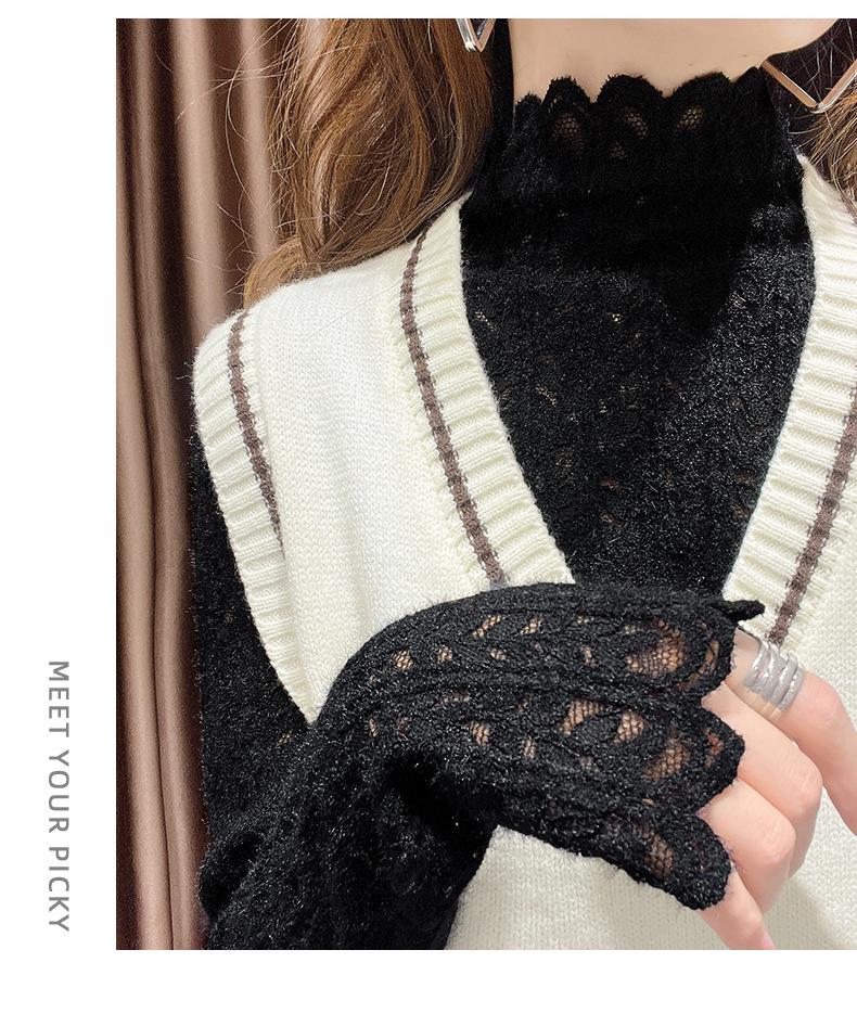 Women's 2025 Lace Stand Collar Velvet Shirt - Long Sleeve, Thickened Slim Fit Base Layer for Autumn and Winter