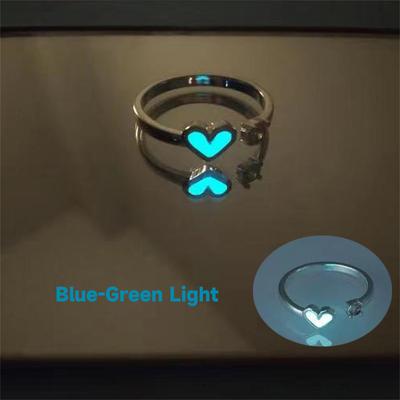 Fashion Luminous Heart Shape Ring For Women Girl Retro Blue Fluorescent Adjustable Open Rings Jewelry Gift