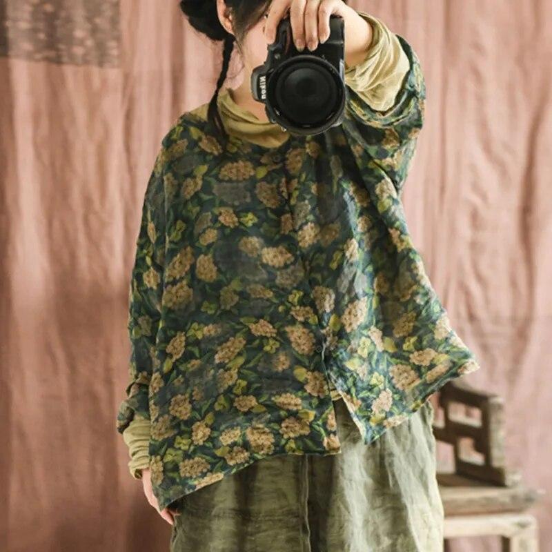 

Johnature женские винтажные рубашки с цветочным принтом, топы Ramie, блузки высокого качества, весенние повседневные рубашки с круглым вырезом и длинными рукавами One Size темно-зеленого