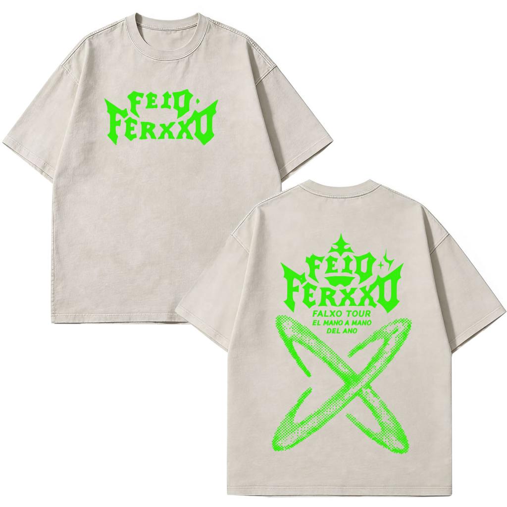 Rapper Feid Ferxxo Falxxo Tour 2026 Print Vintage Washed T-Shirt Herren Mode T-Shirt Kurzärmelig Lässig Baumwolle Lockere T-Shirts