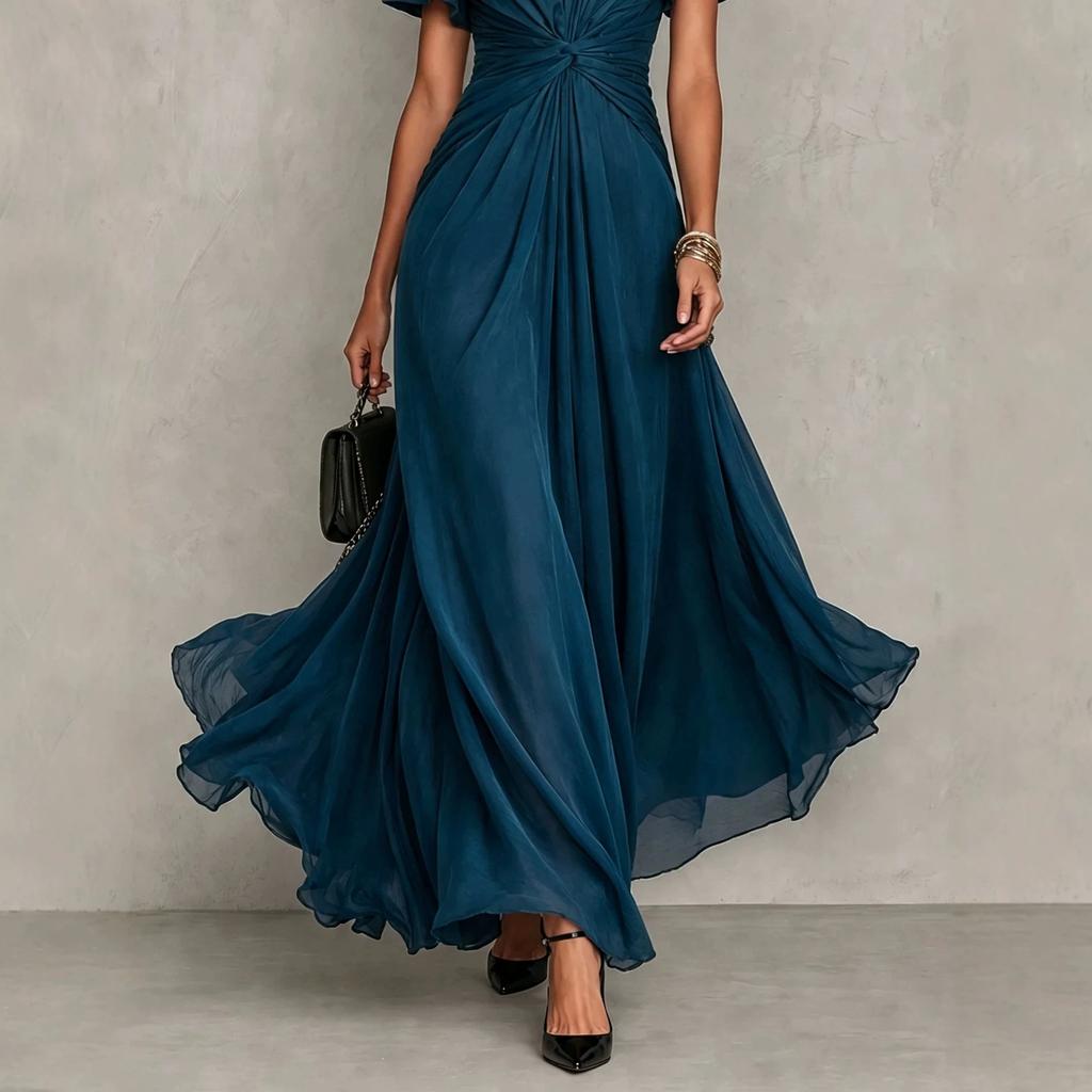 European and American women's clothing, kinked waist fly-sleeved long dress, elegant chiffon pendulum temperament banquet dress dress