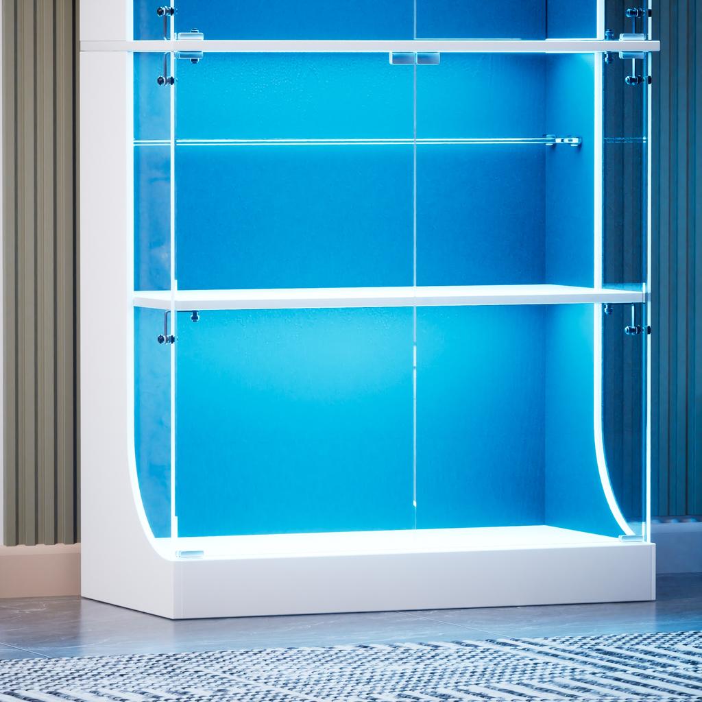 Four-tier glass display cabinet, storage, LED lighting, glass doors, smart sensors, dustproof, for living room, bedroom, offices. White. 80*35*165cm