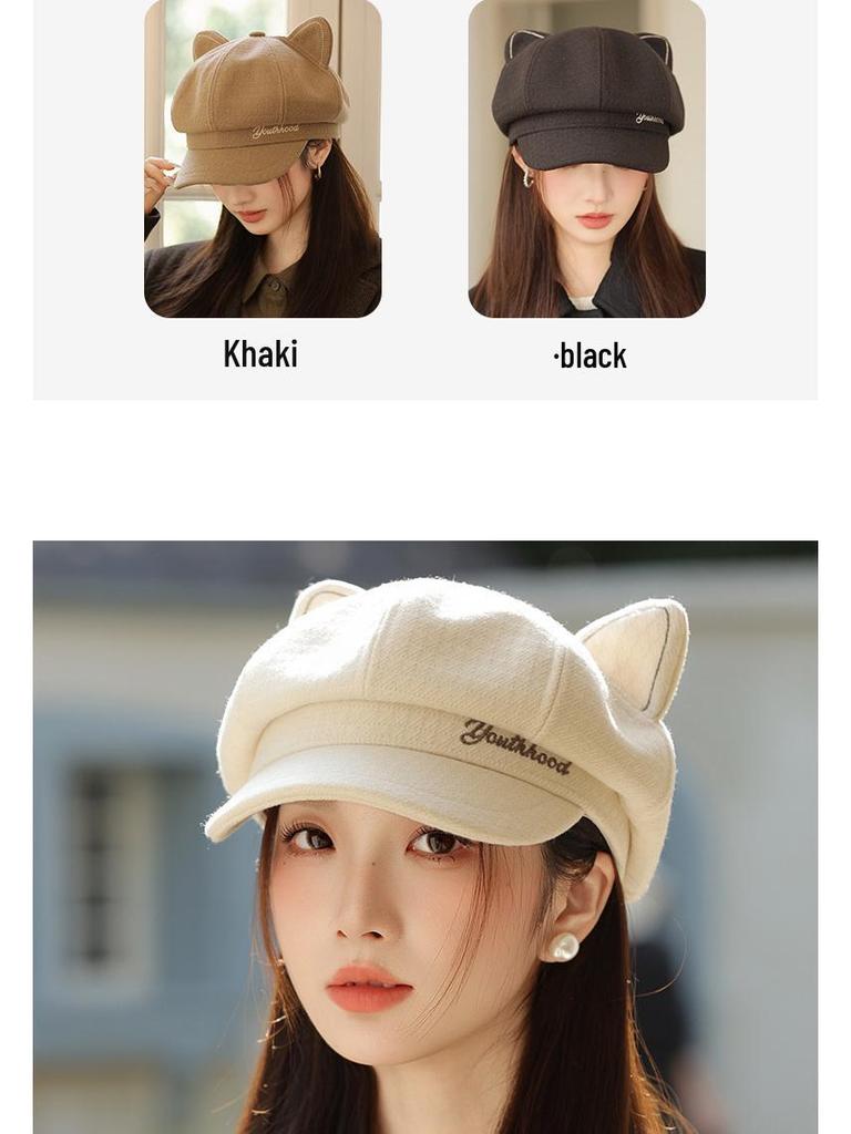 Retro Korean-Style Women's Beret: Octagonal Duckbill Hat with Cat Ears, Perfect for Autumn/Winter and Large Head Circumference