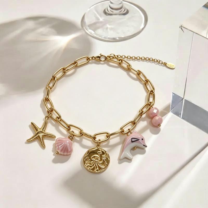 Women S Stainless Steel Gold Plated Boho Bracelet With Fish Starfish Shell Charms