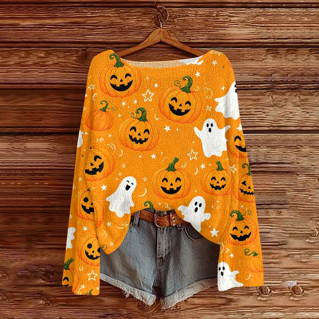 Women's Long Sleeve Halloween Print Knit Pullover Top Round Neck Casual Sweater