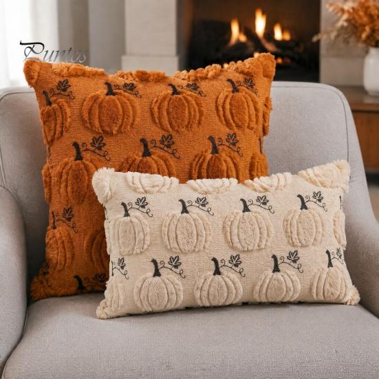 Decorative Throw Pillow Covers Thanksgiving Pumpkin Cushion Cover, Plush Embroidered Cozy Bedroom Cover Soft Case for Farmhouse Home Autumn