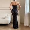 Women's Sexy Solid Color Halter Neck Hollow Out Sheer Lace Slim Fit Mermaid Maxi Evening Party Dress