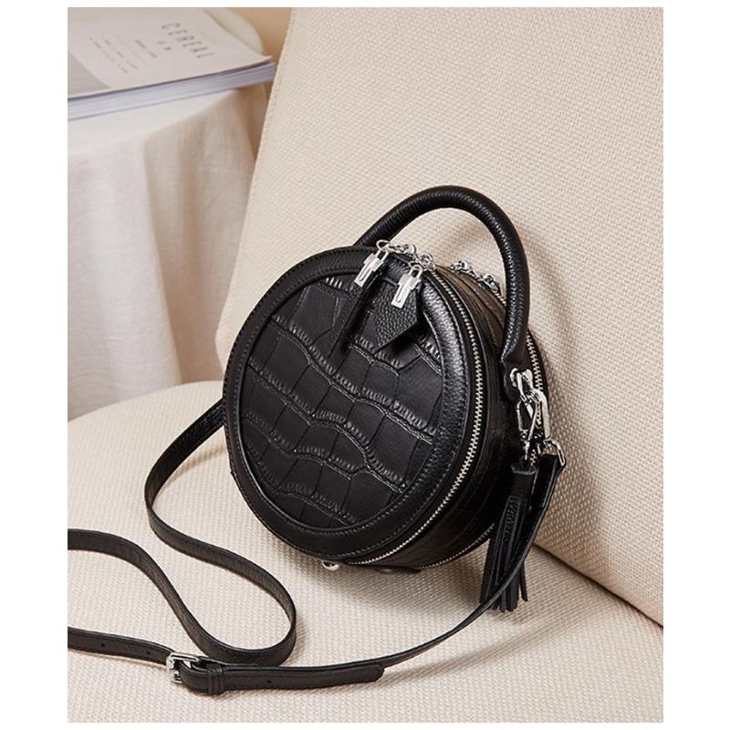 New small round bag, crocodile pattern messenger bag, genuine leather shoulder handbag, bag, mini trend style