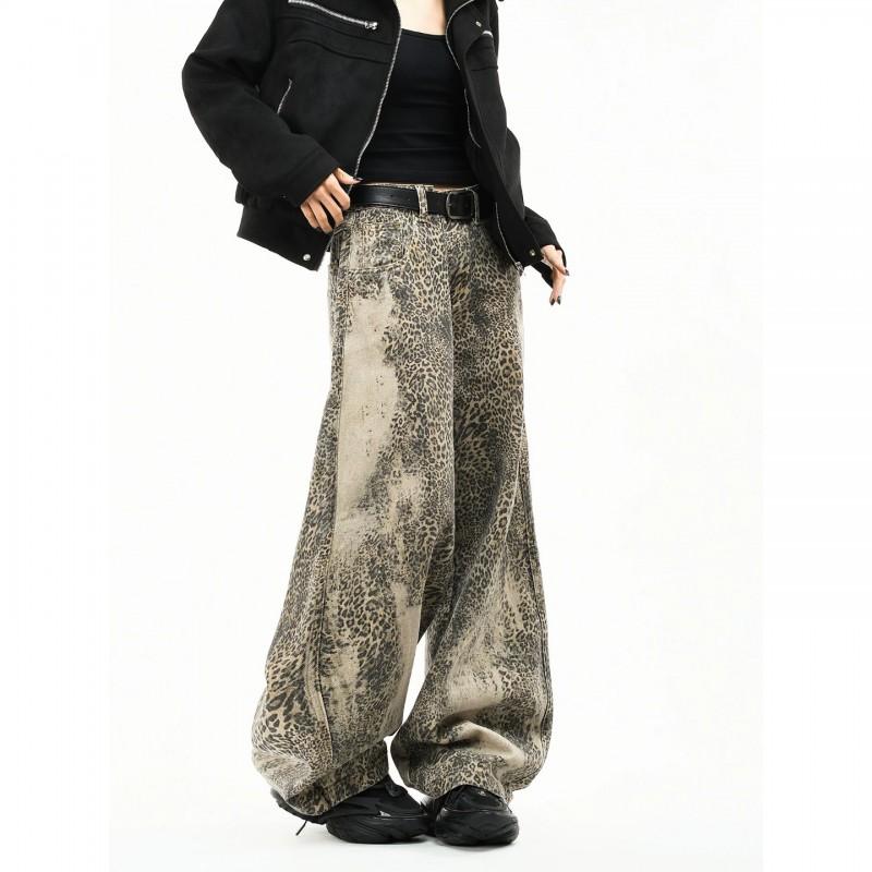 Jeans Anchos de Pierna con Estampado de Leopardo Desgastado para Hombre - Pantalones Cargo Rectos Oversize Streetwear
