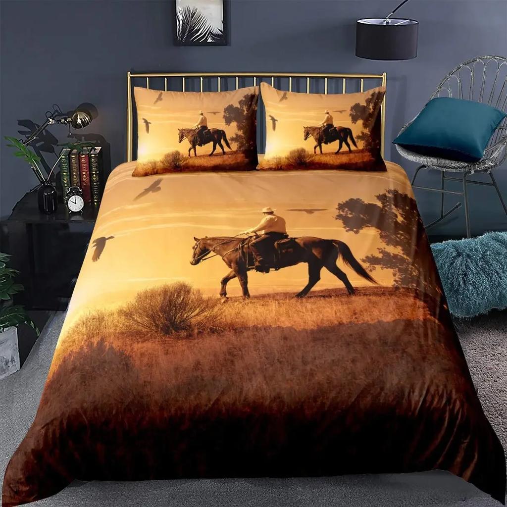 Comforter Horse Animal Bedding Set For Kids Teens Western Cowboy Sunset Scenery Double Queen King Size Polyester Qulit