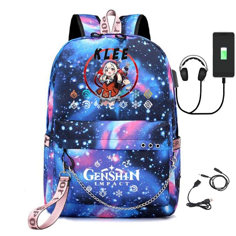 Printed Iron Chain Usbgenshinimpact Yuanshen Backpack Leisure Middle School Student Travel School Bag