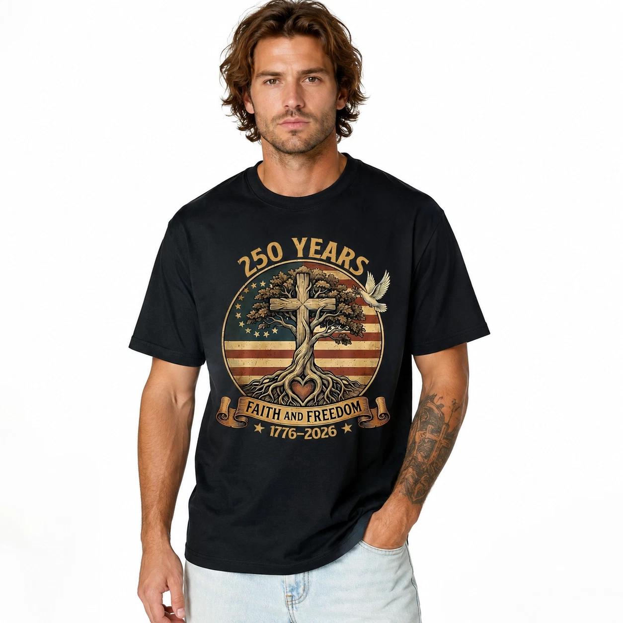 USA 250th Anniversary Faith and Freedom Christian Patriotic 1776-2026 T-Shirt XL