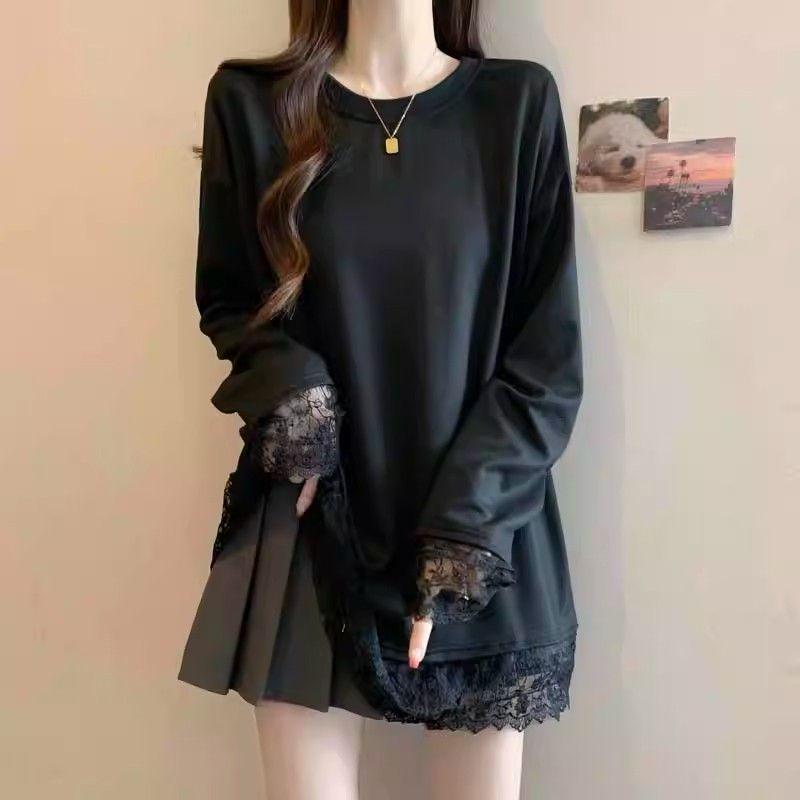 Plus Size Lace Trim Patchwork Long Sleeve Loose Fit T-shirt - Women s Spring Fashion Base Layer Top 4X Large чёрный