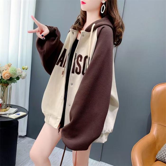 Women s 2025 Autumn Korean Style Retro Letter Hooded Sweatshirt - Loose Casual Cardigan Jacket M кофейный