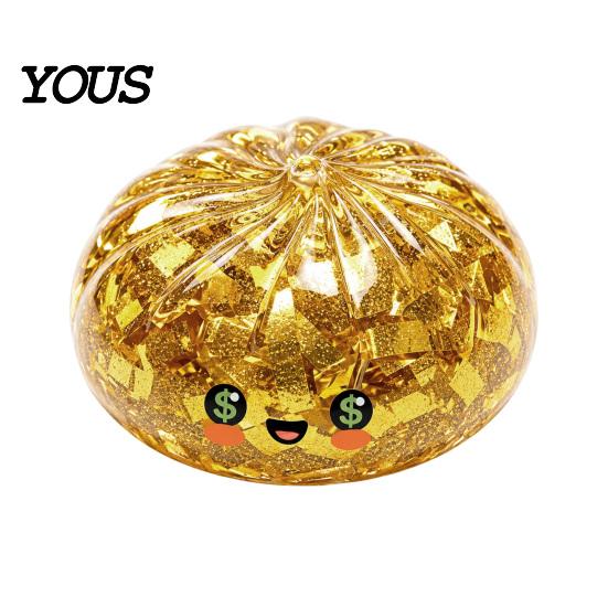 Wealth Attraction Decor Gold Foil Steamed Bun Squeeze Stress Ball, Cute Food Shape Fidget Fun Ball Toy for Anxiety Relief, Soft Elastic Maltose