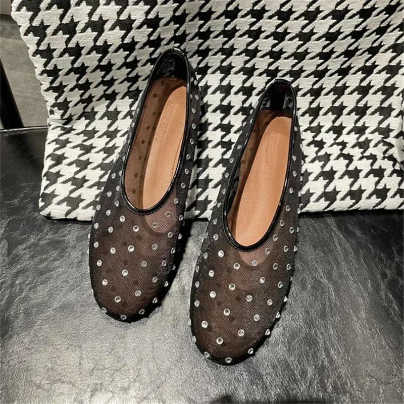 

Luxury Rhinestone Decoration Ballet Flats Women Comfortable Mesh Breathable Mary Jane Shoe Light Soft Sole Loafers Zapatos Mujer 35 чёрный