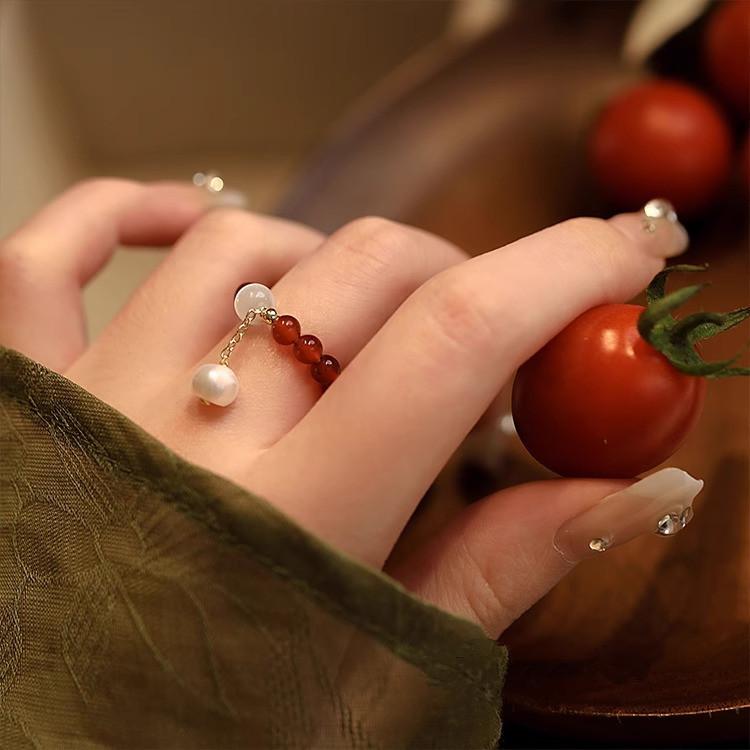 New Arrival Trendy Natural Red Agate Opal Stone Freshwater Pearl 14K Gold Filled Female Ring For Women Birthday Gifts