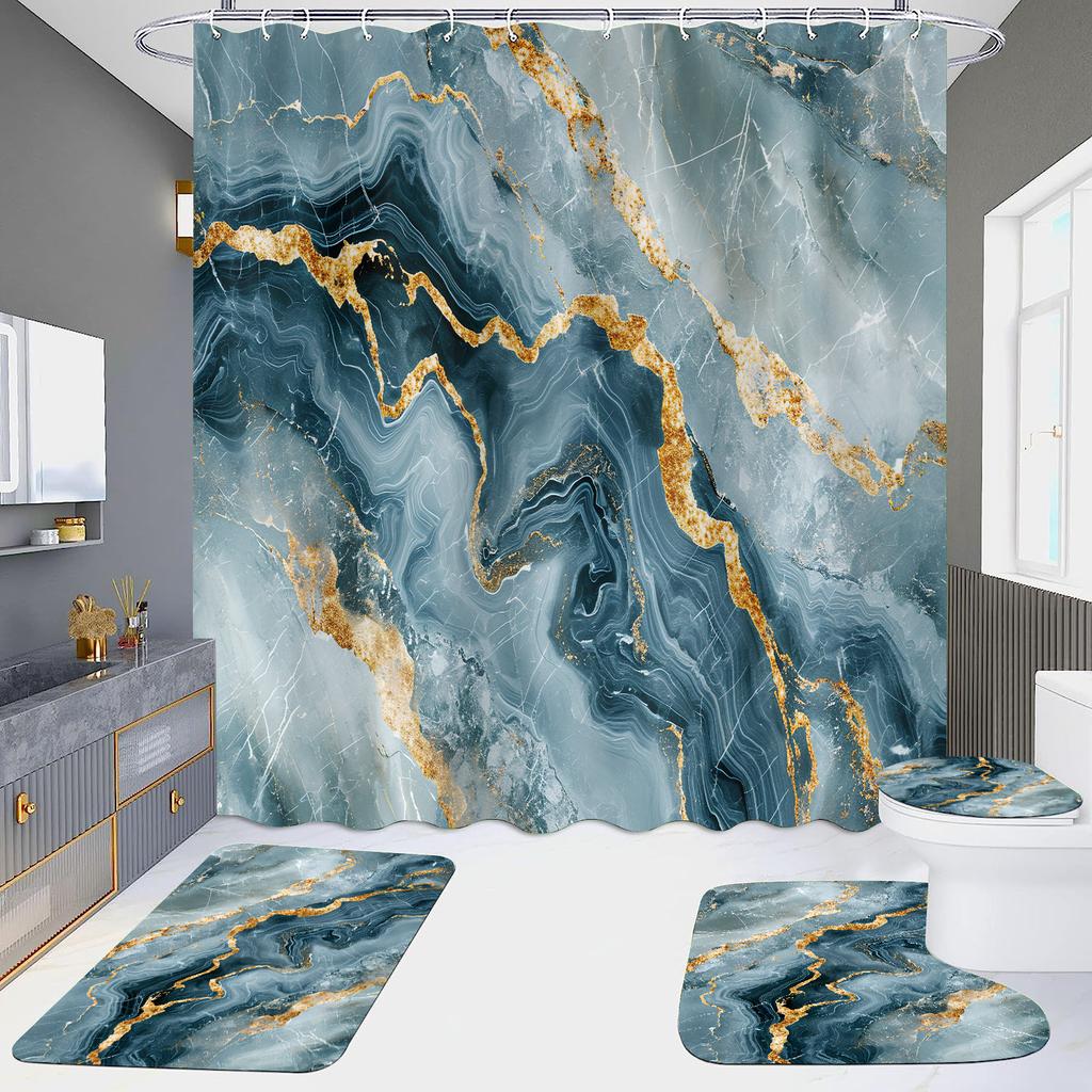 4Pcs Marble Series Shower Curtain Sets for Bathroom Non-Slip Bathroom Rugs Lid Toilet Cover Bath Mat