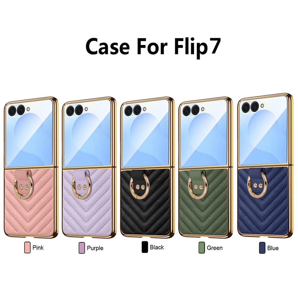 Electroplated Diamond Grid PU Leather Ring Holder Case for Samsung Z Flip7/6/5