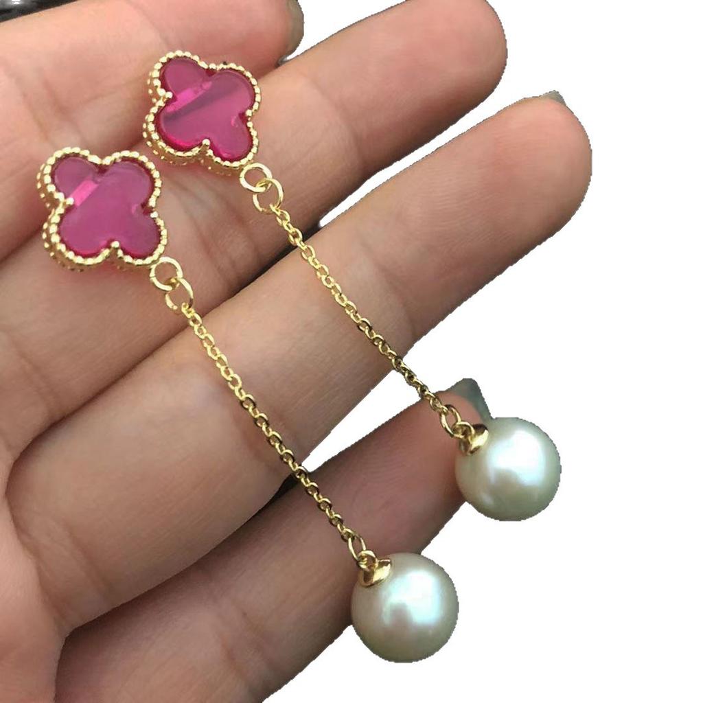 Four-leaf Clover Natural Freshwater Pearl Earrings Women's Light Luxury Temperament Long Fringed Pendant Earline Versatile Geometric Chain