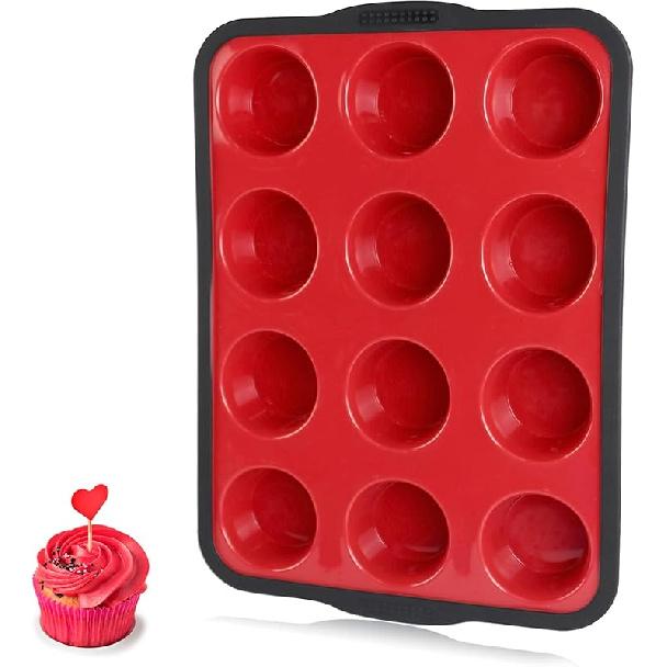 Aichoof Non-Stick Silicone Muffin Pan With Reinforced Stainless Steel Frame Inside,12 Cup Regular Muffin Baking Mold, 12 Cup Muffin Tin, BPA 12 Cup Muffin Pan(Red, 1-