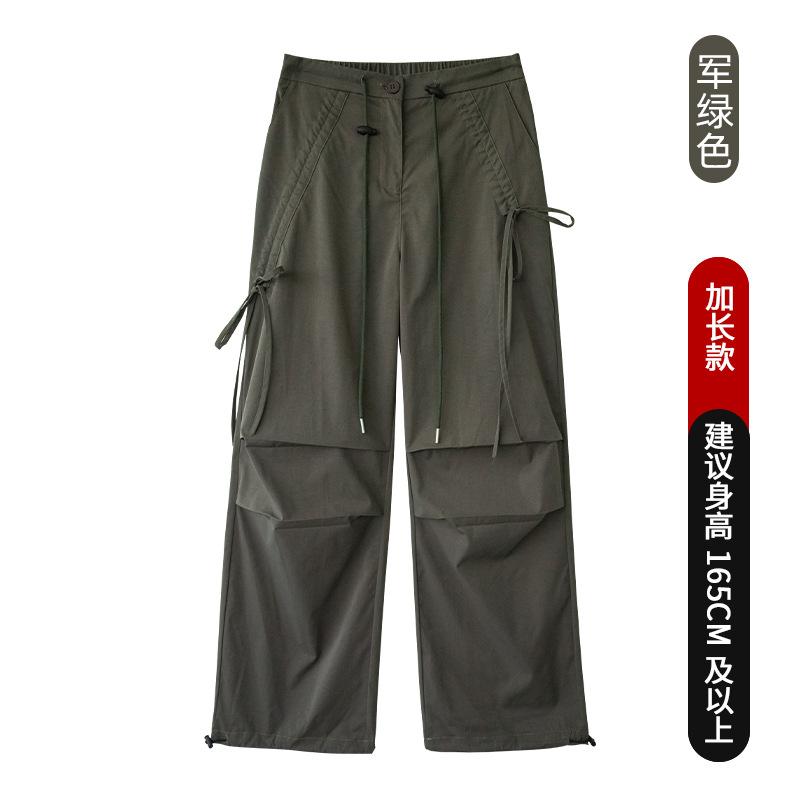 Bow overalls women's spring new paratrooper pants high waist wide legs thin lace-up casual sports pants