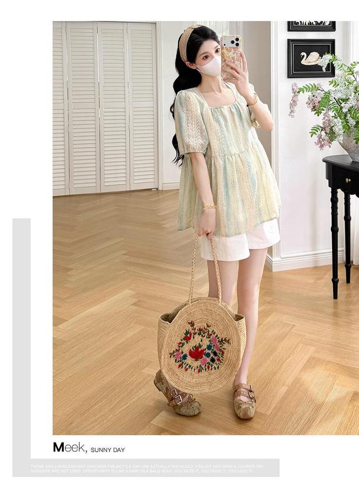2026 Sommer Batik Stickerei Umstandsmode Zweiteiliges Set: Puppe Shirt + Coole Shorts