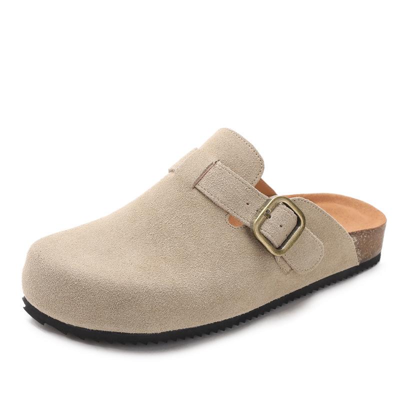Anti suede cowhide toe wrapped Boken shoes with arched support made of cork worn for lazy women in semi slippers
