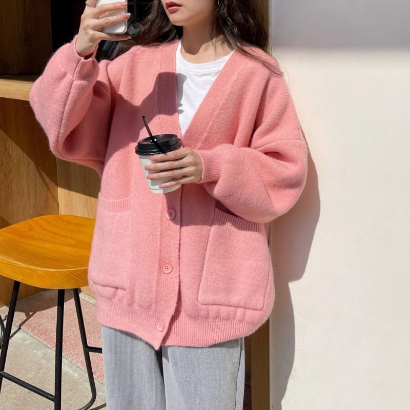 Large Pocket Knitted Women Cardigan Korean Autumn Loose V-neck Solid Color Versatile Sweaters Temperament Casual Coat