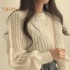 Autumn Winter Knitting Tops Round Neck Puff Long Sleeve Solid Color Loose Fit Casual Top Ribbed Trim Pullover Sweater