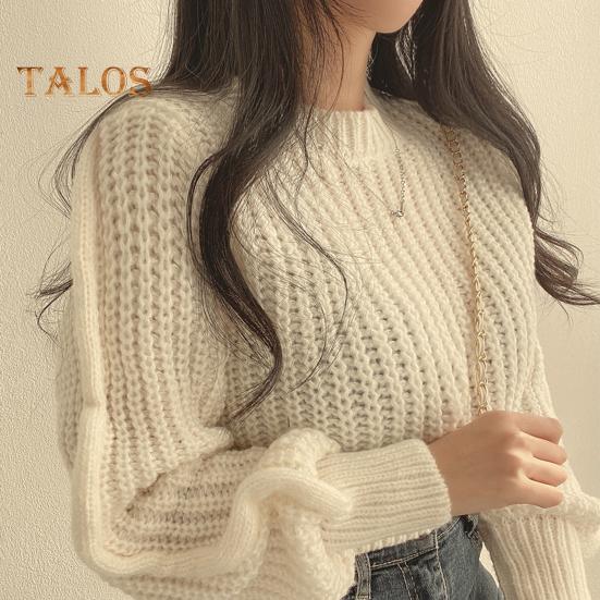 Autumn Winter Knitting Tops Round Neck Puff Long Sleeve Solid Color Loose Fit Casual Top Ribbed Trim Pullover Sweater