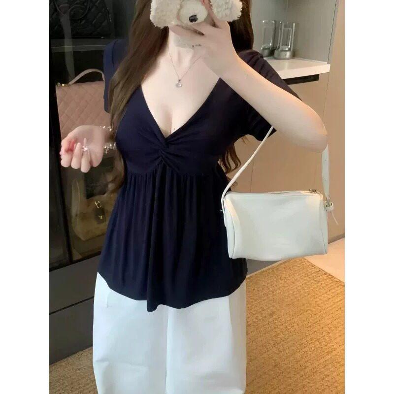 Pure desire Korean V-neck kinked short-sleeved T-shirt women's summer design sense slim body covering meat and thin temperament Spice girl top