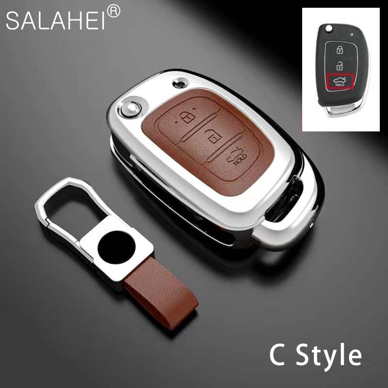 Zinc Alloy+Leather Car Key Case Cover Shell For Hyundai Elantra Tucson I40 I20 I10 Ix35 Ix45 Creta Santa Fe H-1 Auto Accessories