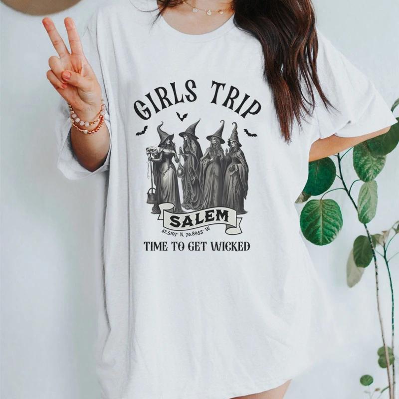 Girls Trip Salem Tshirt Cute Funny Witch Tee Shirt Short Sleeve Spooky Season T Shirt Women Vintage Fall Halloween Top Clothes