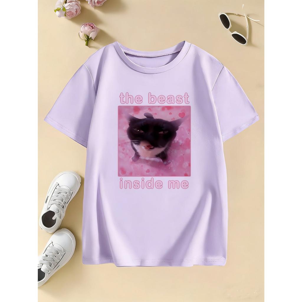 The Beast Inside Me Cat Meme Print T Shirts Cartoon Kids Children's T-shirt Boys Girls Summer Spring Casual Top Tee