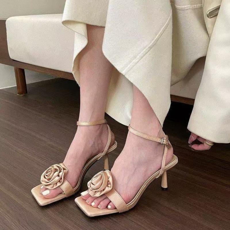 Fashion Stiletto Sandals Summer New Fashion Flowers Square Toe One Strap with Skirt Non-slip Temperament High Heels Women
