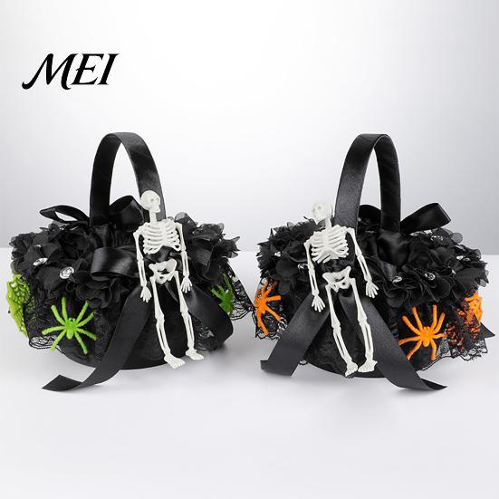 Decorative Ghost Candy Basket Black Flower Girl with Handle And Bow, Gothic Satin Handheld Halloween Decoration Lace for Wedding Ceremony, Bridal
