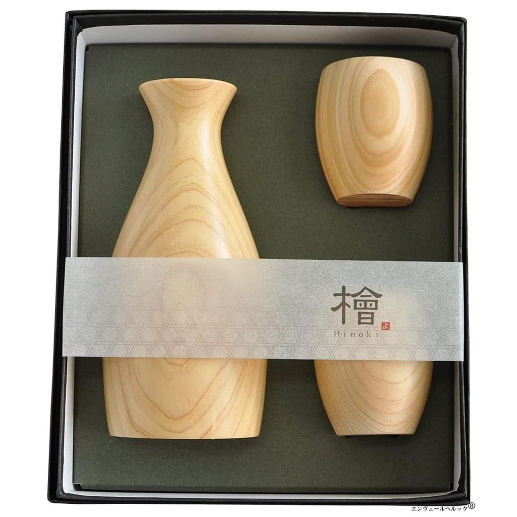 Enjoy the refreshing aroma of hinoki cypress with this wooden sake Includes a 120ml tokkuri and two 45ml guinomi Made in Enjoy the beautiful wood