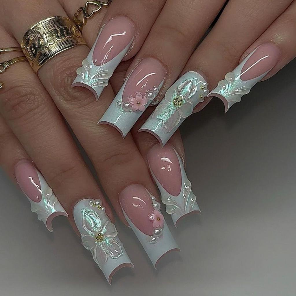 24 Pièces Longues Ongles Press-On Forme Coffin Rose Doux Fraise Cerise Motif Fruité Été Dopamine Ongles Faux Portables