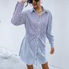 Women's Lapel Solid Color Striped Long Sleeve Shirt Dress