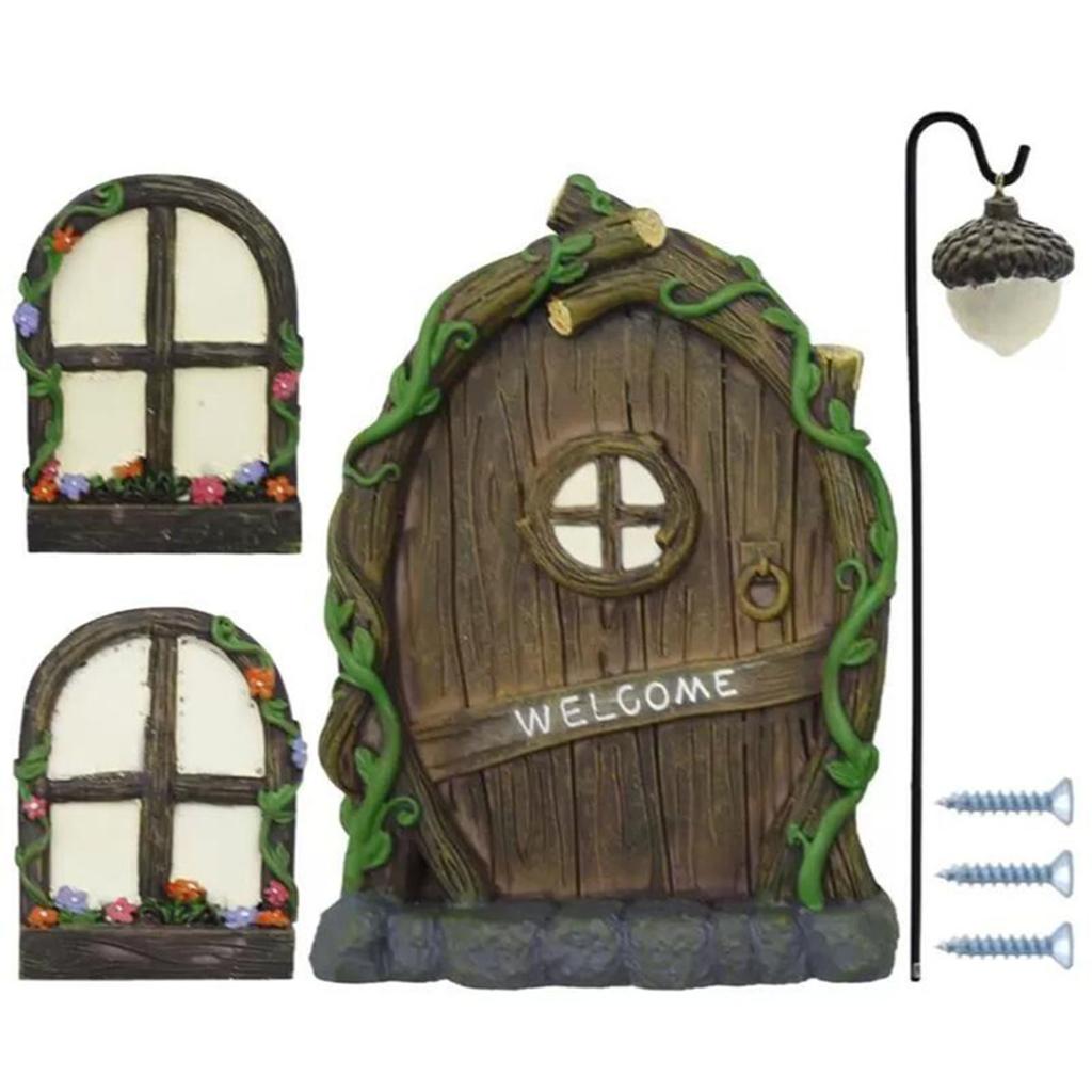 Miniature Window Door Decoration Set Resin Glow Fairy Window Door Sculpture for Outdoor Courtyard