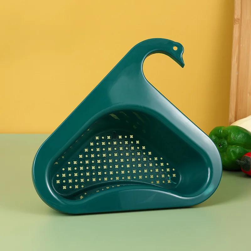 Sink Swan Drain Basket Household Punch-Free Kitchen Vegetable Washing Multi-Functional Pool Triangular Plastic Water Filter Rack зелёный