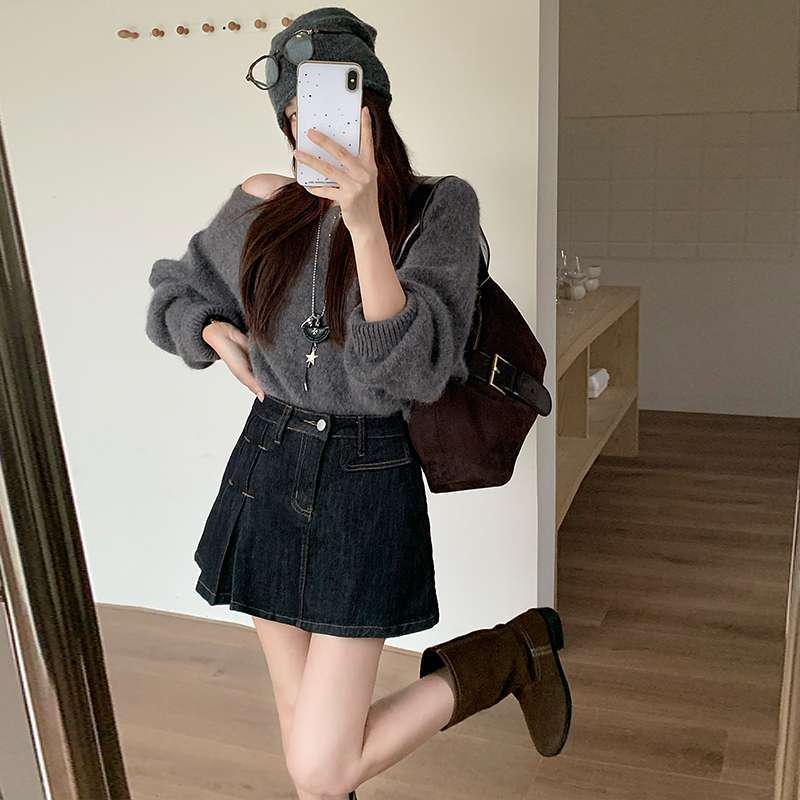 Black Gold Denim Pleated Skirt – Women s Spring/Summer College Style with Elastic Waist and Letter Detailing. S чёрный/золотой