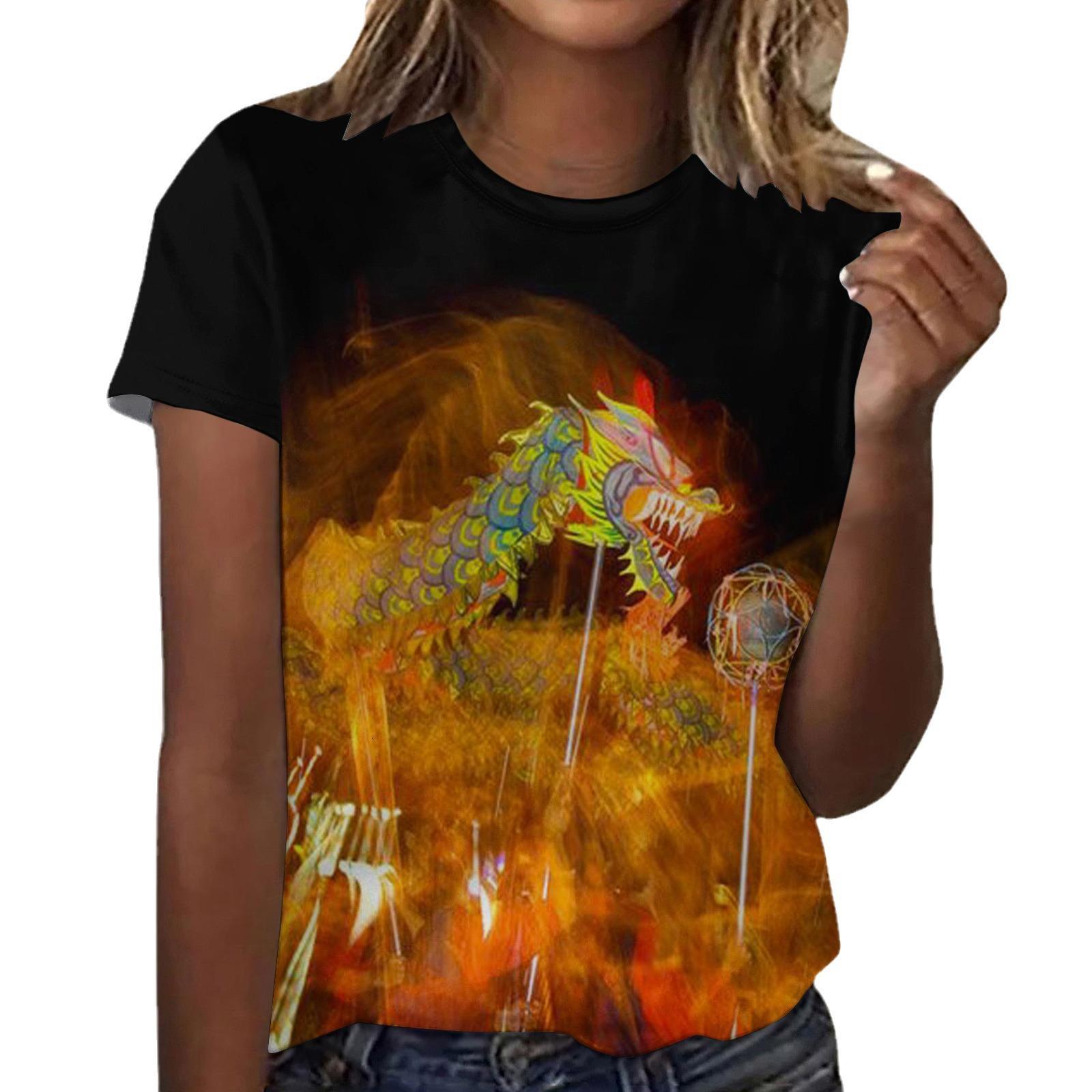 

Summer Round Neck 3D Red Lantern Print Top Fashionable Casual Short Sleeved Women s T-shirts XS