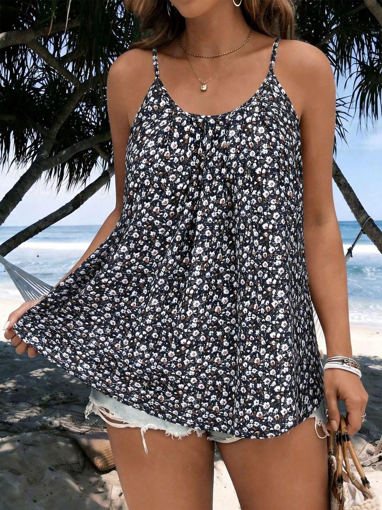 Plus Size Women's Solid Color Floral Camisole Vest - New Summer 2025 Sleeveless Casual Top