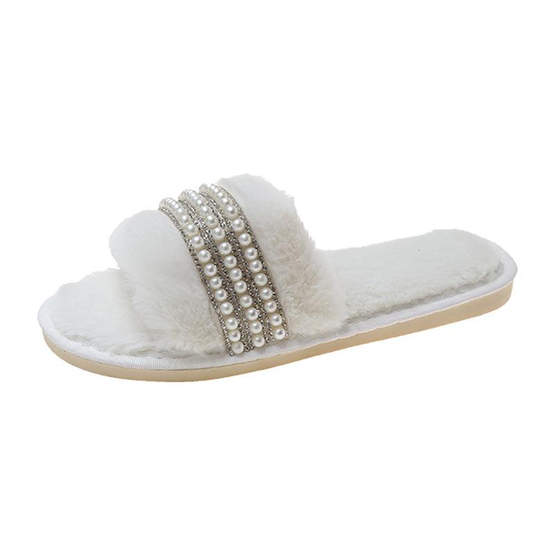 Cotton Slippers Women's Winter New Pearl Indoor Ins Home Household One-word Warm and Non-slip Maternity Plush Slippers